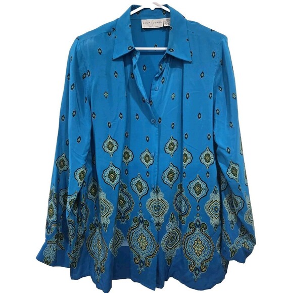 Silk‎ Lore Button Up Shirt Size M 100% Silk Long Sleeve Blue Print Blouse - Picture 1 of 8